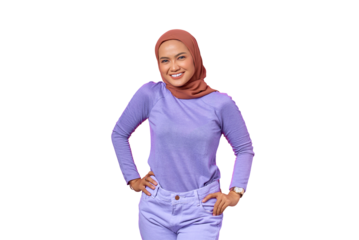 Portrait of cheerful young Asian woman holding hands over waist confident isolated on transparent background