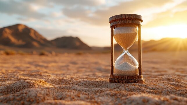 An hourglass sits on the sandy desert, symbolizing the passage of time in an endless landscape, a reminder of natural beauty and the inexorable march of life and moments.