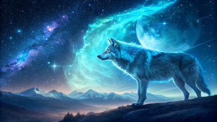Wolf standing on a hill under a starry sky with mountains and a bright moon