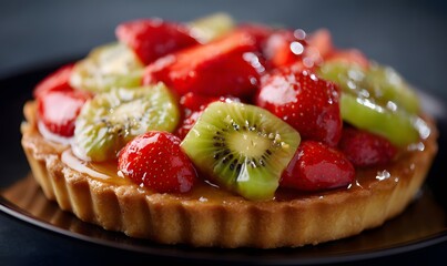 a fresh fruit tart, kiwi, strawberries, glossy glaze, Generative AI
