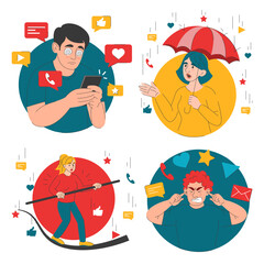 Social media overload set vector isolated. Collection of people being overwhelmed by mobile notification excess. Concept of media fatigue.