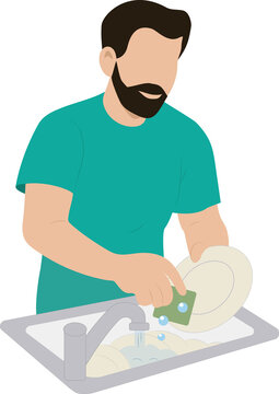 Man Washing Dishes at Home