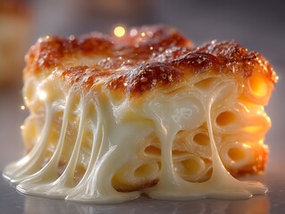 Macaroni and Cheese Perfection: A close-up shot highlights the creamy, melted cheese and perfectly cooked macaroni of a golden-brown baked dish, a delectable feast