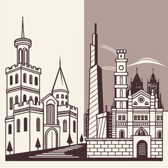 Fototapeta premium A split illustration showcasing two distinct architectural styles