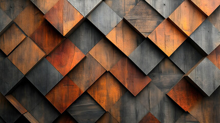 Geometric wooden squares create a rich, textured pattern.