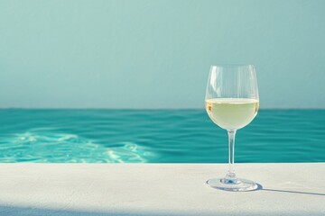 Refreshing white wine glass beside a tranquil pool under clear blue sky during warm afternoon