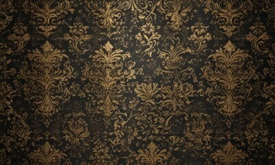 Intricate black & gold damask pattern, metallic accents, shiny, intricate