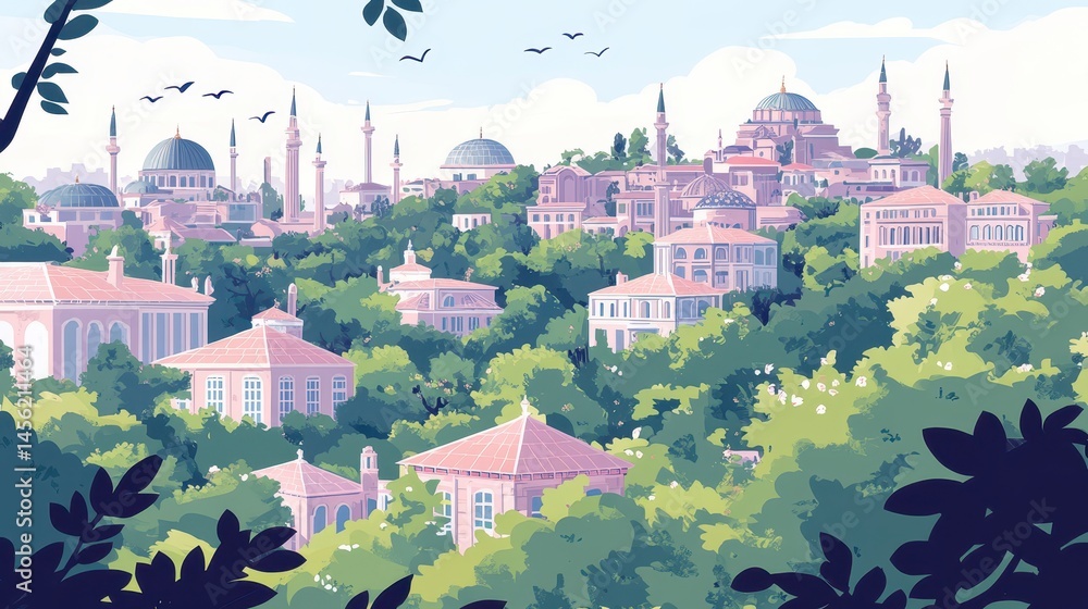 Poster charming cityscape view with historical architecture rendered in a unique pixel art style capturing 