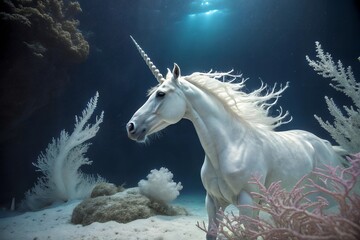 Underwater scene of a white unicorn with a horn near coral and sand bottom