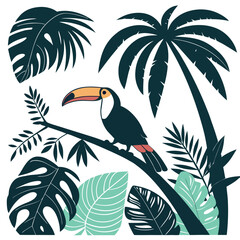 Fototapeta premium Illustration of a toucan perched on a branch amidst tropical foliage, featuring large green leaves, palm trees, and other exotic plants