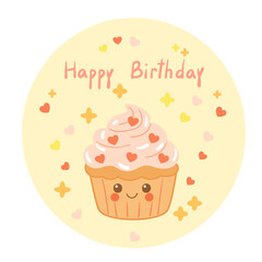 Fun and festive birthday greeting card with cute cupcake character, pink frosting, and candy sprinkles in kawaii style.