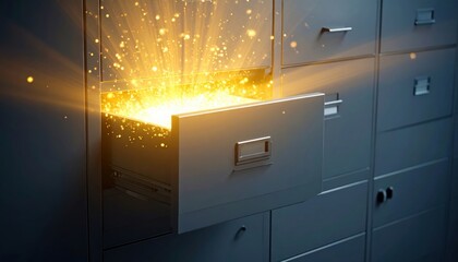 A filing cabinet drawer glows with magical golden light, suggesting hidden treasures or secrets inside.