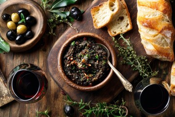A delightful rustic scene features olive tapenade, bread, olives, and red wine, ready to eat.