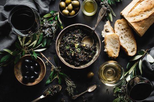 A beautifully arranged spread showcases olives, tapenade, bread, and wine, offering a rustic and elegant dining scene. - Powered by Adobe