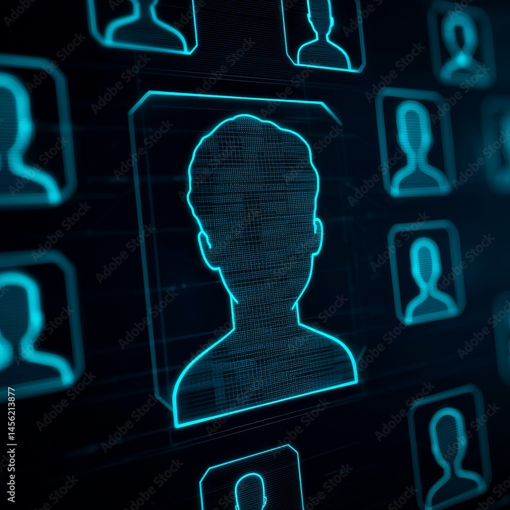 Aufkleber digital silhouette surrounded by user icons and data elements. virtual teams collaboration concept.