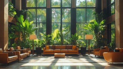 Fototapeta premium A bright hotel lobby adorned with lush green plants, creating an inviting atmosphere filled with natural light.