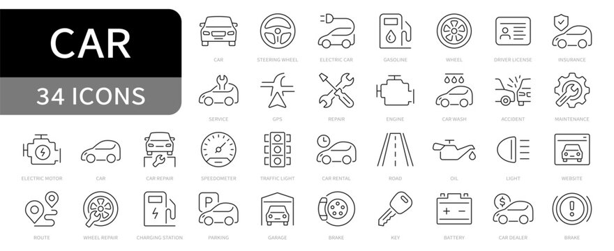 Car simple line icons set. Auto repair, car service, vehicle, maintenance, wheel, engine, parking, garage editable stroke icon. vector