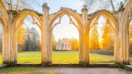 Historical stone arcades framing idyllic parkland at sunset a place rich in heritage and architectural grandeur perfect for travel themes