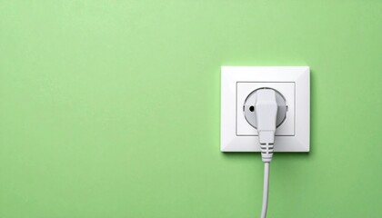 A white electrical plug is inserted into a wall socket on a light green background.