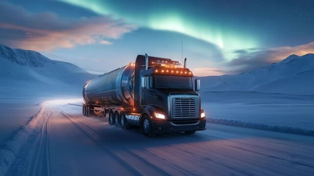 A sleek black semi-truck transports a modular micro-nuclear reactor capsule through a snow-covered tundra under a vibrant aurora sky, blending advanced energy technology with polar logistics.