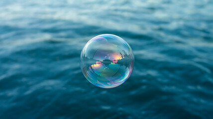 Ephemeral beauty a soap bubble floats above the ocean's vastness a breathtaking moment