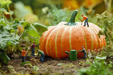 Obraz premium Tiny gardeners tending to giant pumpkin in field. Agriculture, harvest, nature care, surreal farming, teamwork, organic food, miniature world. selective focus 