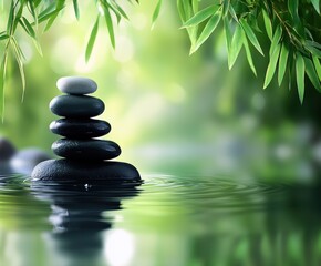 Obraz premium Zen stone stack above rippling water with soft bamboo background.
