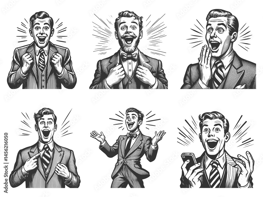 Poster men in suits and casual wear showing cheerful and surprised expressions set collection bundle sketch