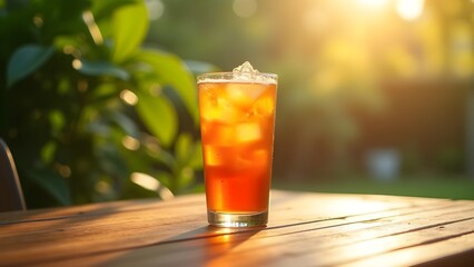 Refreshing Iced Tea on a Sunny Wooden Table in a Garden Setting.