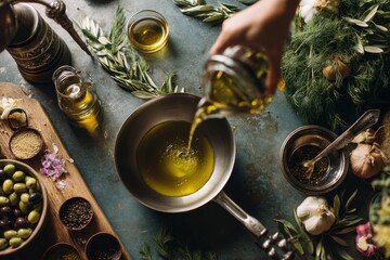 Olive oil being poured into a pan surrounded by fresh ingredients, ready for cooking a meal.