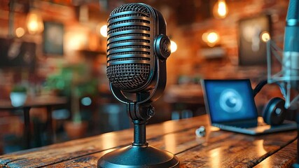 A sleek black microphone on a rustic wooden table, set against a warmly lit creative studio background, perfect for podcasts or music recording