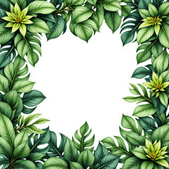 Naklejka premium Green Tropical Leaves Frame with Yellow Flowers, Transparent Background