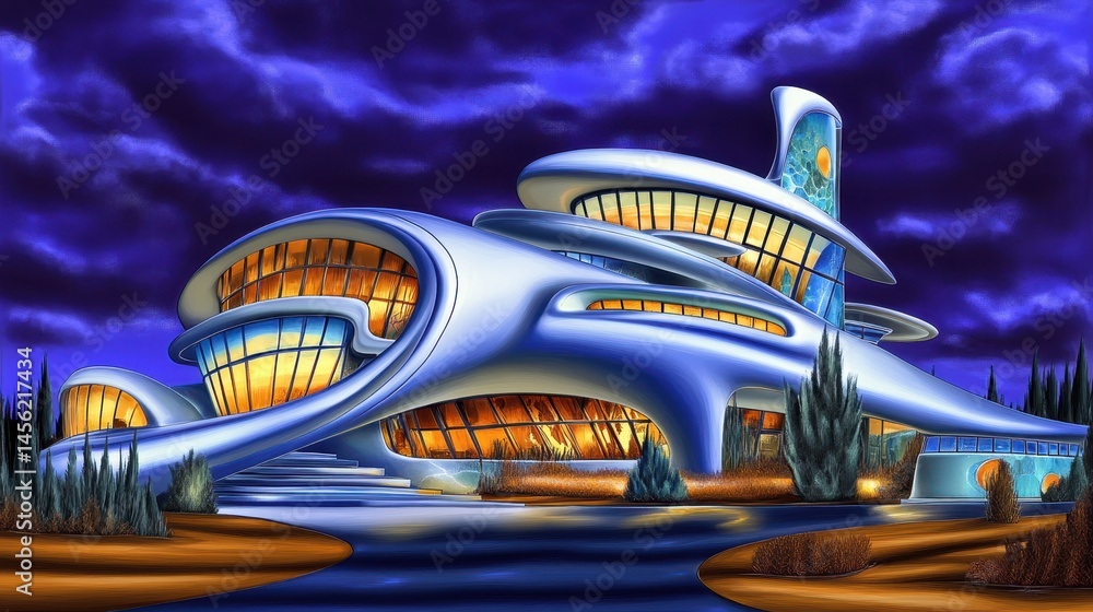 Poster futuristic architectural marvel under a celestial canvas unique building design with advanced struct