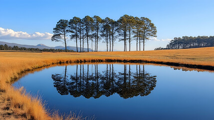 Serene Pond Reflection of Trees on a Sunny Day