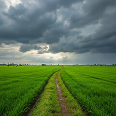Green Rice Paddy Field Path Under Stormy Sky