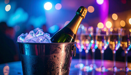 discothèque, bouteille de champagne, seau à glace, fond flou coloré boite de nuit