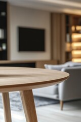 Fototapeta premium Wooden round coffee table in modern living room