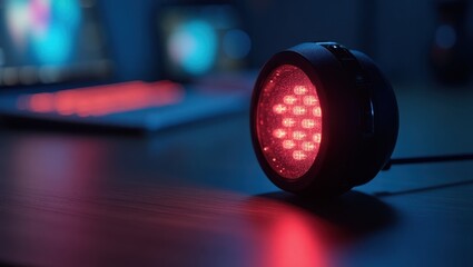 Torchvision. Red LED stage light glowing on wooden table, music concer