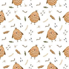 Cute Watercolor Woodland Birds Seamless Pattern, Autumn Forest Elements, Whimsical Baby Bird Watercolor Pattern, Adorable Friends for Kids