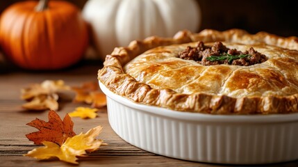 This image showcases a beautifully crafted meat pie, surrounded by autumn leaves and decorative pumpkins, evoking warmth and comfort during the fall season.
