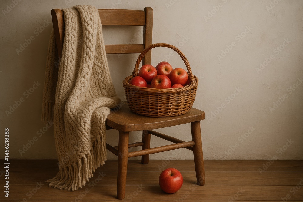 Fototapete charming rustic chair with a woven basket of red apples and a warm blanket in a cozy setting during 