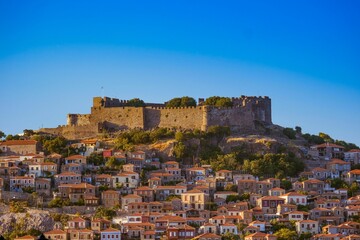 Molyvos Castle and traditional houses in Lesbos, Greece.