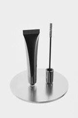 Elegent mascara packaging with metallic cap, slim mascara spoolies brush in aluminun laminate squeezable soft tube, eyelash extention product packaging, eyelash serum container, slim mascara wand