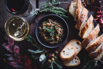 A beautifully arranged culinary scene features bread, tapenade, herbs, and wine glasses.