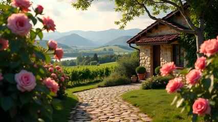 Picturesque Vineyard Landscape with Stone Cottage and Blooming Roses