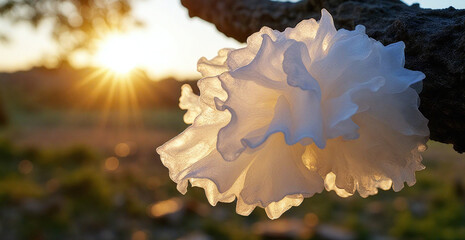 A tremella mushroom hanging from a tree branch in a forest area with trees in the background and a light shining on the tremella. Chinese gelatinous fungi. Tremella fuciformis. Snow fungus.