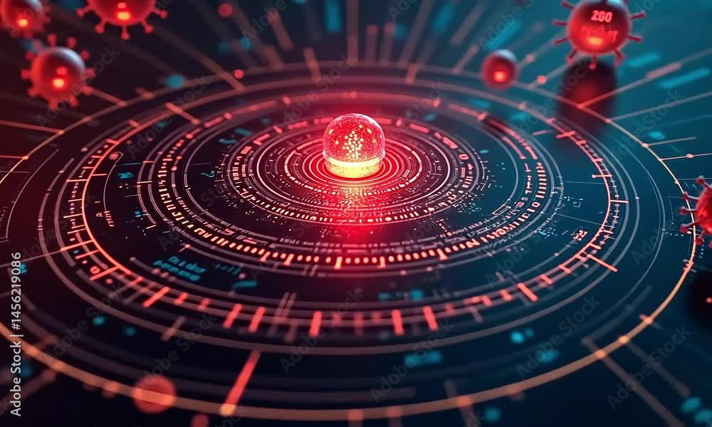 Poster abstract digital network design with glowing spheres and concentric circles