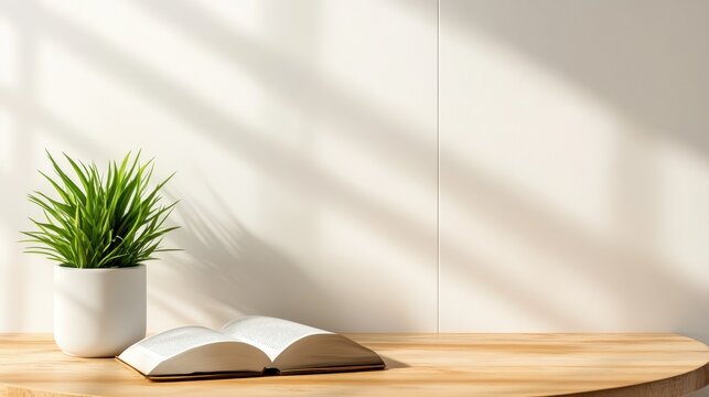 A cozy scene featuring an open book on a wooden table accompanied by a green plant in a modern pot, illustrating tranquility and a love for reading in a warm setting.