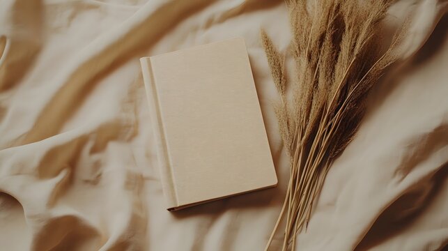 Neutral colored book resting on soft cloth and dried reeds.