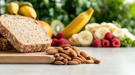 A beautifully presented selection of nutritious bread and almonds, surrounded by colorful fruits, conveying a message of balance and health in dietary choices.
